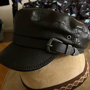 Faux leather biker officer hat rock n roll pink rocker cabbie fisherman black